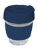 A glass coffee cup with a dark blue silicone lid and band, designed for reusable drinkware.
