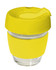 A drink bottle featuring a clear glass body with a bright yellow silicon lid and band. It includes a logo.