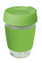 A green reusable coffee cup with a silicone lid and band, featuring a clear glass body and a logo.