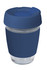 A drink bottle featuring a glass body and a dark blue silicone lid and band. It has a logo on the side.