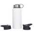 A drink bottle made of white stainless steel with a double wall design and three lids in black.