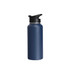 A drink bottle in navy blue featuring a stainless steel double wall and a black lid. It has a logo on the surface.