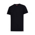 A black T-shirt with a simple design, featuring a small logo on the hem.