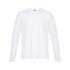 A long sleeve white t-shirt with a simple design and a small logo on the chest.