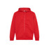 A red full-zip hoodie featuring a hood and front pockets, with a logo on the upper section.
