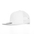 A white cap with a mesh back and a flat brim, featuring a logo on the side.