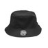 A black bucket hat featuring a round logo patch and a wide brim.