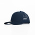 A navy blue trucker cap featuring a mesh back and a logo on the front panel.