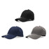 Three caps in black, navy, and grey, each featuring a logo on the front.