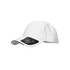 A white cap featuring a branded logo and contrasting black visor. Ideal for headwear promotions.