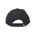 A black cap with a curved brim, featuring an adjustable strap and a small logo on the back.