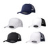 A collection of trucker caps in navy, white, black, and a black and white combination, featuring logos on the front.
