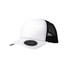 A trucker cap featuring a white front panel and black mesh back, with a logo on the brim.