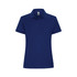 A navy blue women's polo shirt featuring a collar and short sleeves. It has a logo on the chest area.