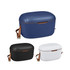 A cooler box in navy blue, black, and white, featuring leather-like straps and a sleek design.