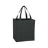 A black tote bag with two sturdy handles, featuring a simple and spacious design. It has a logo on one side.