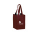 A maroon non-woven polypropylene tote bag designed to hold four wine bottles, featuring a logo on the side.