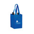 A blue non-woven polypropylene tote bag designed to hold four wine bottles, featuring a logo.