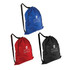 A collection of non-woven laundry duffel bags in blue, red, and black with over-the-shoulder straps and branding.