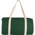 A dark green duffel bag with light beige straps and a simple design, featuring a logo.