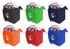A cooler bag in black, green, orange, red, and blue, filled with snacks and drinks. Each bag has a logo.