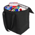 A black cooler bag filled with various food items, including drink containers and a tub of cheese.