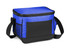 A drink cooler bag in blue and black, featuring a zippered top and a side mesh pocket, with a shoulder strap.