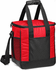 A red and black cooler bag with a zippered top, carry handles, and a side mesh pocket. It features a branding logo.