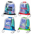Clear PVC drawstring bags in various colours, featuring different contents and logos, including towels and a phone.