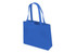 A blue tote bag with two handles and an interior compartment, featuring a logo.