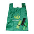 A green foldable reusable grocery bag with a gusset, featuring a logo and rolled-up versions in green and black.
