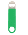 A green vinyl wrapped paddle-style bottle opener with a stainless steel end and a keyring attachment.
