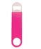 A pink vinyl wrapped paddle style bottle opener featuring a metallic bottle cap remover at one end.