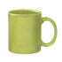 A green stoneware mug with a C-handle, featuring a glossy finish and a simple design.