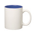 A coloured stoneware mug with a white exterior and a blue interior, featuring a C-handle and a branding logo.