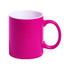 A coffee mug in vibrant pink with a contrasting white interior and a sturdy handle.