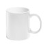 A white coffee mug with a smooth finish and a curved handle. The mug has a branding logo on one side.