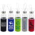 A drink bottle collection featuring transparent glass and coloured neoprene sleeves in black, green, grey, and red.
