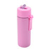 A drink bottle in pink, made of stainless steel, featuring a silicone handle and a flip-top lid.