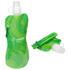 A green drink bottle with a carabiner, featuring a curved design and a flip-top spout, with a logo.