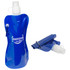 A blue drink bottle with a carabiner, featuring a flexible design and a white screw-on cap.