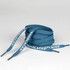 A rolled pair of blue shoelaces featuring white branding on the ends, placed on a light background.