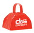A classic red cowbell with a handle, featuring a logo on the front. Ideal for various events.