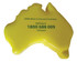 A yellow stress shape in the form of Australia, featuring a logo and text on its surface.