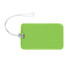 A green luggage tag with a clear loop attachment for easy identification.