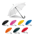 A collection of umbrellas in various colours: black, pink, yellow, blue, green, and white, featuring a curved handle.