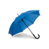 A blue umbrella with a curved black handle and a sleek design. It features a branding logo.