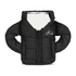 A black puffer jacket-styled stubby holder with arms, featuring a logo, designed for drink cans.