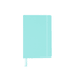 A turquoise A5 notebook with a flexible cover, elastic closure, and a ribbon bookmark. Features branding on the cover.