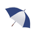 A navy and white golf umbrella with a curved wooden handle and a black shaft. It features a logo on the canopy.